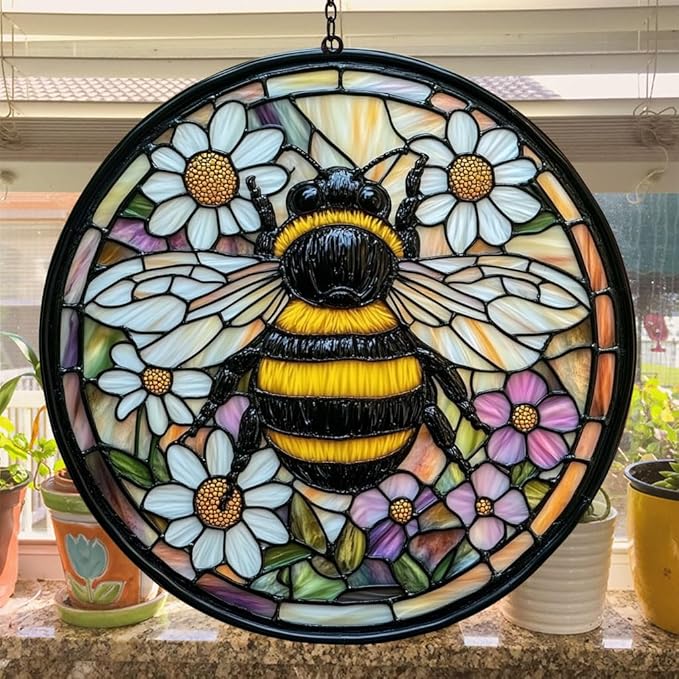 Bee Faux Tiffany Acrylic Suncatcher Stained Glass Effect Window Car Hanging Christmas Ornament Indoor Outdoor Decor Garden Sun Catcher Panel for Bee Lover for Women Mom Grandma