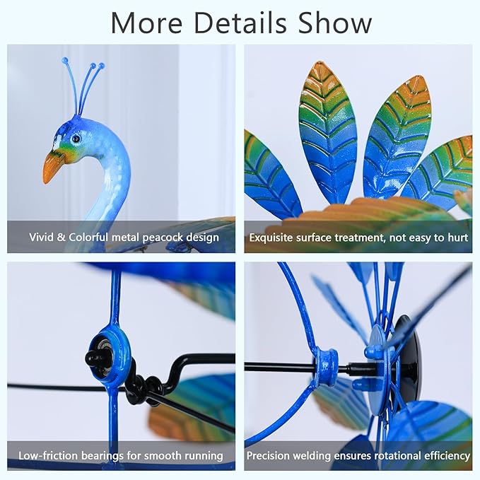 hogardeck Wind Spinner Outdoor, 60" Metal Peacock Wind Spinner with Heavy-Duty Stakes, Multi-Color 360° Rotating Wind Sculpture Kinetic Yard Art for Home Outside Garden Lawn Backyard Patio Decor