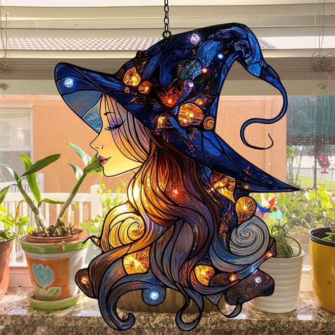 Beautiful Witch Acrylic Suncatcher Stained Glass Effect Window Car Hanging Christmas Ornament Indoor Outdoor Decor Garden Sun Catcher Panel for Wicca Lover for Women Mom Grandma