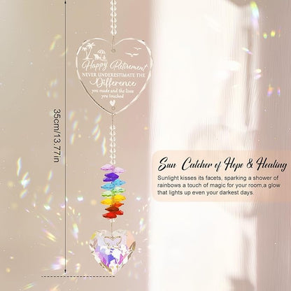 Retirement Gift Crystal Suncatcher,Retirement Gifts for Women Men,Gifts for Retired Coworker Nurse Teacher-Heart Prism Sun Catcher with Card for Window
