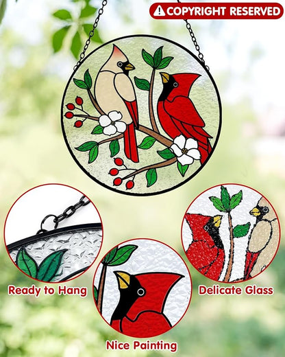 Tuitessine Cardinal Stained Glass Suncatcher - Red Bird Sun Catcher - Hand-Painted Glass Panel - Decor for Window - Christmas & Birthday Gift for Grandma & Birds Lover - 6.3x6.3