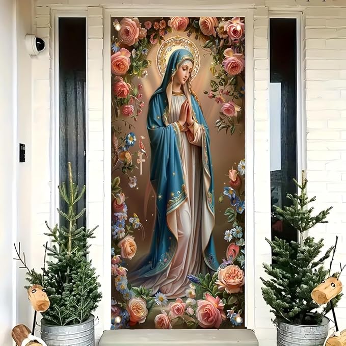 Virgin Mary Door Cover Banner Religious Floral 71x35 Inch Holy Mother Door Sign for Front Door Prayer Room Church Door Cover for Easter Christmas Spiritual Home Decor