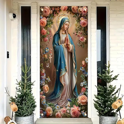Virgin Mary Door Cover Banner Religious Floral 71x35 Inch Holy Mother Door Sign for Front Door Prayer Room Church Door Cover for Easter Christmas Spiritual Home Decor