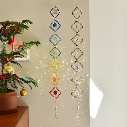 7 Chakra Crystal Light Catcher - Handwoven Sun Catcher with Geometric Metal Frames, Rainbow Maker for Windows, Garden & Balcony Decor, Rainbow Crystal Beads, 7-Tier (Jumping Colors)
