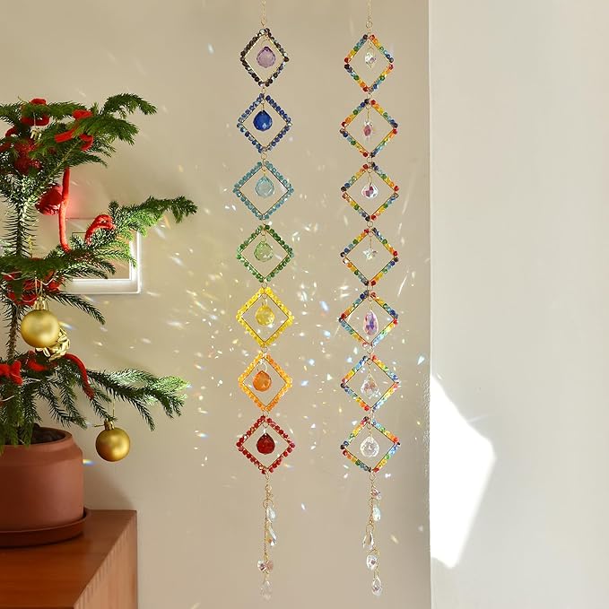 7 Chakra Crystal Light Catcher - Handwoven Sun Catcher with Geometric Metal Frames, Rainbow Maker for Windows, Garden & Balcony Decor, Rainbow Crystal Beads, 7-Tier (Colorful Colors)