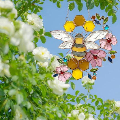 Honeybee with Flowers Ornaments Bee Handmade Stained Glass Window Hanging Suncatcher for Indoor/Outdoor Window Garden Home Kitchen Decor Gift for Women Teacher Bee Lover