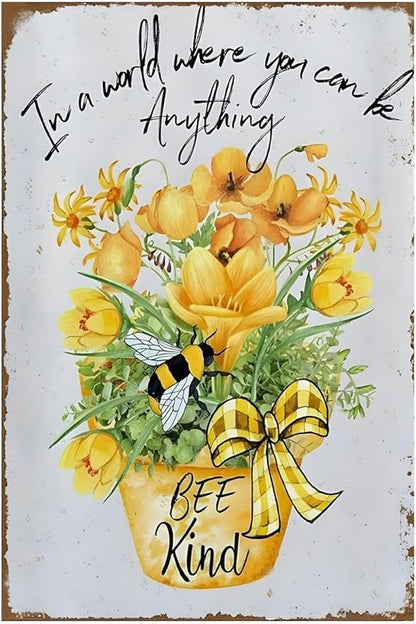 Funny Flowers Metal Poster, Country Rustic Tin Sign, Daffodils Bee Kind, Yard Garage Farm Outside Garden Wall Decor Plaque Outdoor for Home Fence 8 X 12 Inch