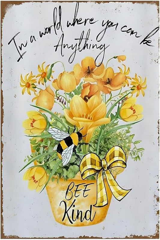 Funny Flowers Metal Poster, Country Rustic Tin Sign, Daffodils Bee Kind, Yard Garage Farm Outside Garden Wall Decor Plaque Outdoor for Home Fence 8 X 12 Inch