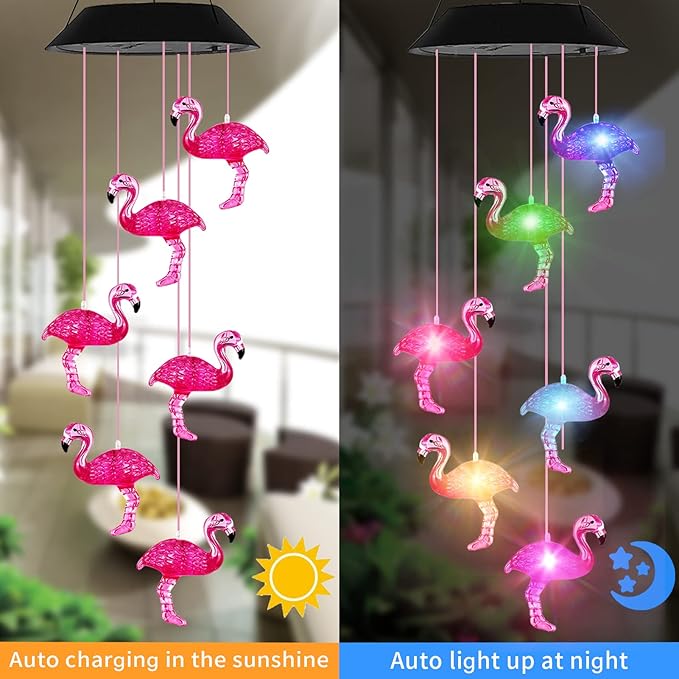 Solar Wind Chimes Flamingo,Birthday Gifts for Mom Grandma Dad, IP65 Waterproof Memorial with 7 Color Changing LED Lights, Outdoor Decor Garden Yard Decorations