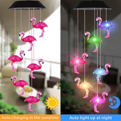 Solar Wind Chimes Flamingo,Birthday Gifts for Mom Grandma Dad, IP65 Waterproof Memorial with 7 Color Changing LED Lights, Outdoor Decor Garden Yard Decorations