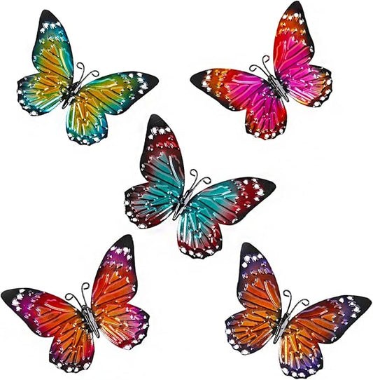 5 Pcs Metal Butterfies Fence Yard Art Garden Decor, 6.5" Butterfly for Outdoor Patio Backyard Balcony Sculpture, Colorful in Bulk