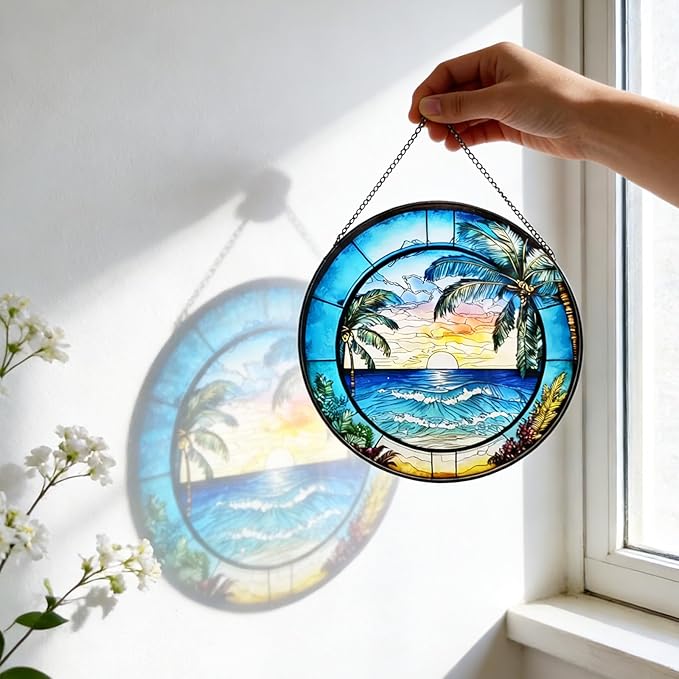 Stained Glass Window Hanging, Summer Beach Window Hanging Light Catcher, Outdoor Light Catcher Garden Decor, Tropical Kitchen Wall Decor Decorative Patios (Beach)