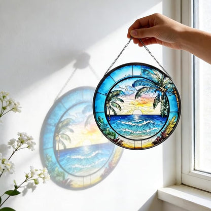 Stained Glass Window Hanging, Summer Beach Window Hanging Light Catcher, Outdoor Light Catcher Garden Decor, Tropical Kitchen Wall Decor Decorative Patios (Beach)