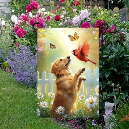 Spring Summer Golden Retriever Garden Flags 12x18 Double Sided, Small Burlap Seasonal Cardinal Floral Dog Garden Flag Spring Summer Outdoor Yard Decorations for Outside Lawn Décor