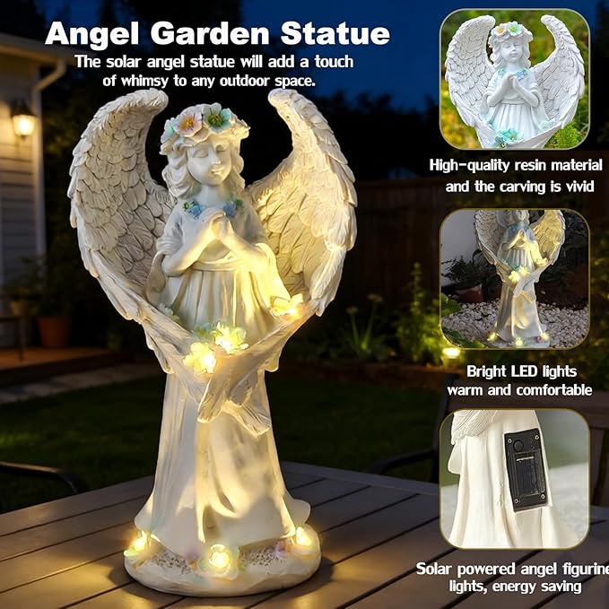 VEEKI Solar Angel Garden Statue Outdoor, Praying Angel Statues Solar Figurine Lights Outdoor Waterproof, Resin Angel Sculpture for Garden Yard Lawn Grave Cemetery Decor, Gift for Mom Grandma Women