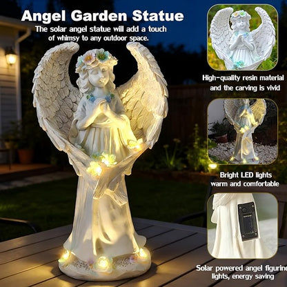 VEEKI Solar Angel Garden Statue Outdoor, Praying Angel Statues Solar Figurine Lights Outdoor Waterproof, Resin Angel Sculpture for Garden Yard Lawn Grave Cemetery Decor, Gift for Mom Grandma Women