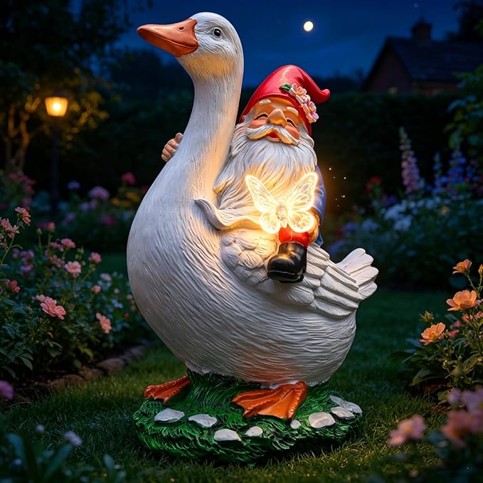 Garden Gnomes Outdoor, Funny Lawn Gnome Statue Decorations, Solar Gnome Riding Goose Figurines Ornament for Patio, Balcony, Yard - Mothers Day Gifts for Women, Mom, Grandma
