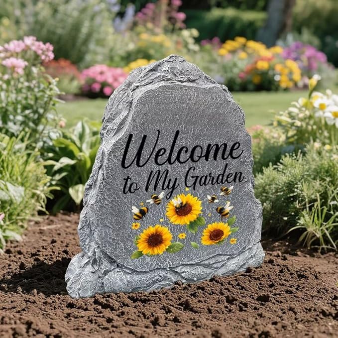 Garden Stone Sculpture with Bees and Sunflowers, Solar Resin Outdoor Sculpture, Suitable As A Grave Decoration for Gardens, Lawns, Cemeteries, Memorial Gifts, Home Decoration
