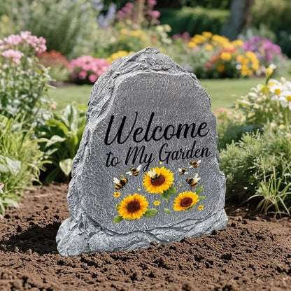 Garden Stone Sculpture with Bees and Sunflowers, Solar Resin Outdoor Sculpture, Suitable As A Grave Decoration for Gardens, Lawns, Cemeteries, Memorial Gifts, Home Decoration