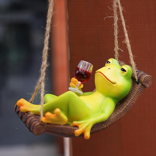 HUNTHAWK Funny Frog Statue Garden Hanging Decor, Wine Drinking Frog on Hammock Figurine, Cute Outdoor Yard Ornament for Patio, Fence, Balcony, Porch, Lawn & Garden Decoration Gift