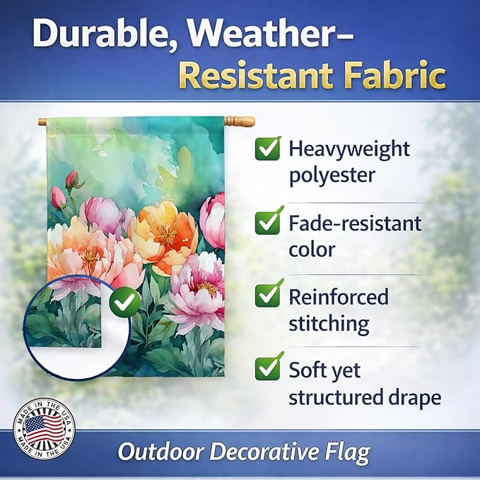 Caroline's Treasures Indiana Peonies in Watercolor House Flag Large Porch Sleeve Pole Decorative Outside Yard Banner Artwork Wall Hanging, Polyester, House Size, Multicolor