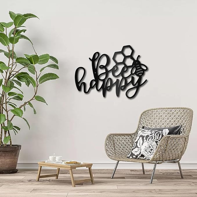 CREATCABIN Bee Happy Metal Wall Art Decor Wall Sculpture Hanging Decoration Sign Iron Outline Wall Art Black Rustic Decor Ornament Wall for Garden Indoor Outside Living Room Home Office 12 x 8.7Inch