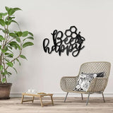 CREATCABIN Bee Happy Metal Wall Art Decor Wall Sculpture Hanging Decoration Sign Iron Outline Wall Art Black Rustic Decor Ornament Wall for Garden Indoor Outside Living Room Home Office 12 x 8.7Inch