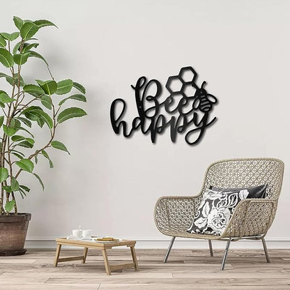 CREATCABIN Bee Happy Metal Wall Art Decor Wall Sculpture Hanging Decoration Sign Iron Outline Wall Art Black Rustic Decor Ornament Wall for Garden Indoor Outside Living Room Home Office 12 x 8.7Inch