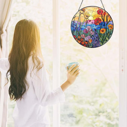 Wildflowers Sun Catcher 9.8'' Stained Glass Window Hanging Plant Lover Gifts for Women Wildflowers Wall Decor Handmade Sun Catcher Decoration for Window Garden Home Christmas & Birthday Gifts