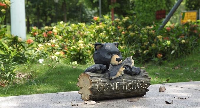 HI-LINE Bear with Gone Fishing Sign Outdoor Garden Statue - 12.25" - Black