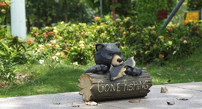 HI-LINE Bear with Gone Fishing Sign Outdoor Garden Statue - 12.25" - Black