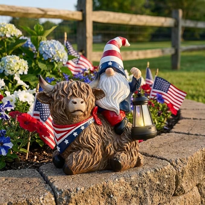 TERESA'S COLLECTIONS 4th of July Highland Cow Gnome Decorations with Solar Lantern, Memorial Day Resin Garden Yak Figurine for Home, Patriotic Independence Day USA 250th Anniversary Outdoor Decor 10"