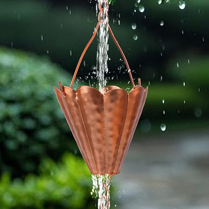 Copper Petal-Shaped Rain Chain, 98.42" Metal Rain Catcher Chain for Gutters, Decorative Outdoor Rain Chain with Hammered Finish, Garden Downspout Extension Replacement Ornament