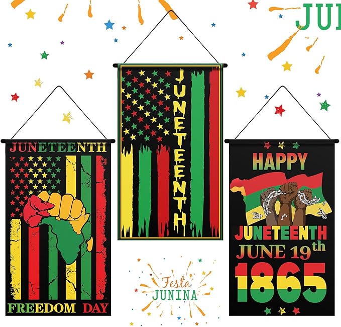 Tegeme 3 Pcs Happy Juneteenth Day Door Sign Flag African American Independence Day Door Hanging Banner Juneteenth Wall Decoration for Party Holiday Home Outdoor Indoor Decoration