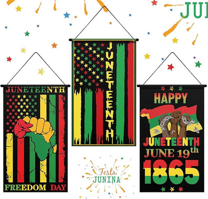 Tegeme 3 Pcs Happy Juneteenth Day Door Sign Flag African American Independence Day Door Hanging Banner Juneteenth Wall Decoration for Party Holiday Home Outdoor Indoor Decoration