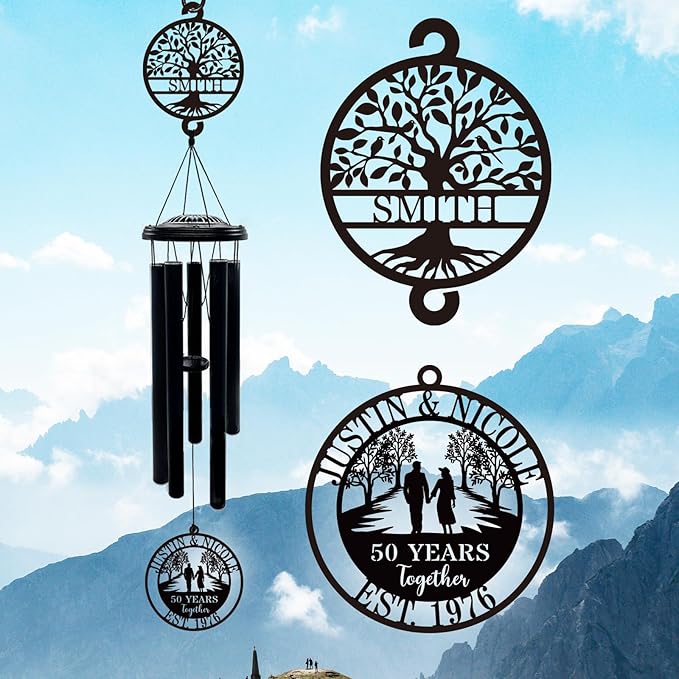 Personalized 50th Anniversary Wind Chimes, 37" Golden Wedding Wind Chime with Custom Family Name Metal Sign,50 Years Together Gift for Parents Grandparents Couples, Outdoor Garden Decor