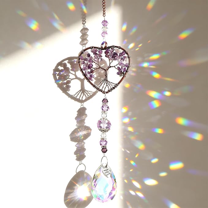 Molain Tree of Life Crystal Suncatcher, Hanging Purple Sun Catcher for Windows Elegant Purple Sun Catcher Crystals Ornament Heart Shaped Crystal Ball Prism Drop Pendant for Garden Decor Crystal Gifts