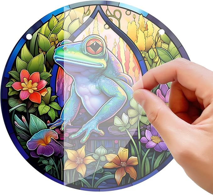 Stained Glass Window Hanging, Green Frog Flower Sun Catchers Colorful Glass Panel Cute Suncatcher Decor for Birthday for Women, Men, Wife, Aunt, and Mom 5.9x5.9 in