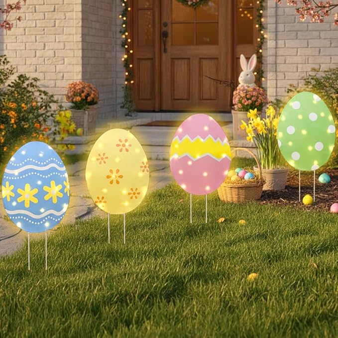 EAMBRITE Easter Decorations Outdoor Easter Egg Lights, Lighted Large Eggs Stake/Hanging/Table with Timer for Yard Signs, Window, Home, Pathway, Lawn, Garden, Spring, Indoor Outside Decor