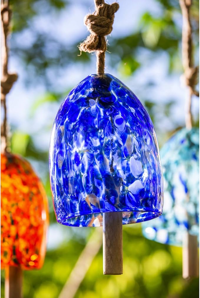 Evergreen Colorful Art Glass Wind Chime | Deep Blue| Solid Wood Striker | Natural Deep Tone | 8 Inches Tall | Beautiful Gift for Patio, Garden, Outdoor Home décor