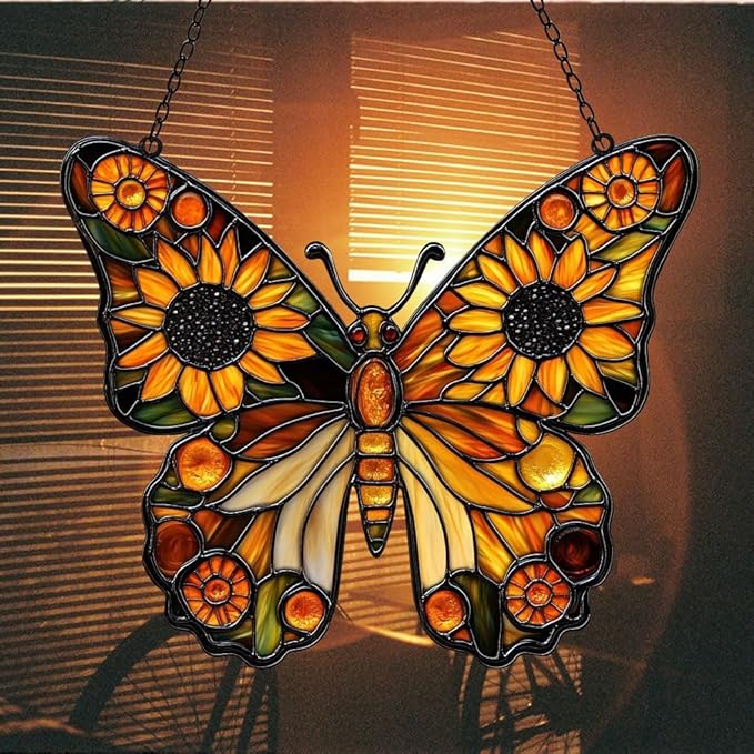 Sunflower Monarch Butterfly Acrylic Suncatcher Stained Glass Effect Window Car Hanging Christmas Ornament Indoor Outdoor Decor Garden Sun Catcher Panel for Butterfly Lover for Women Mom Grandma