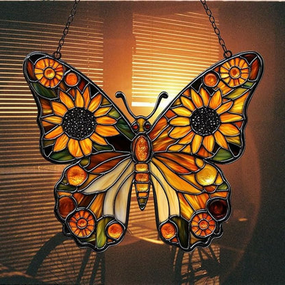Sunflower Monarch Butterfly Acrylic Suncatcher Stained Glass Effect Window Car Hanging Christmas Ornament Indoor Outdoor Decor Garden Sun Catcher Panel for Butterfly Lover for Women Mom Grandma