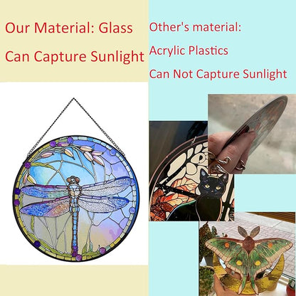 Stained Glass Window Hanging,20cm/7.87inch Dragonfly Hand-Painted Sun Catcher Garden Hangings Christmas Mother's Day, Valentine's Day Ornaments Festival Gift (C Style)