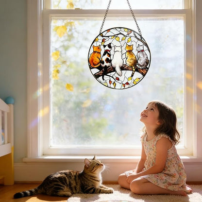 Cat Suncatcher Stained Glass Window Hanging - Cat Lover Gifts for Women Mom Friend Teacher, Birthday Mother's Day Christmas Housewarming Home Decor for Kitchen Living Room Indoor & Garden 7.8 in