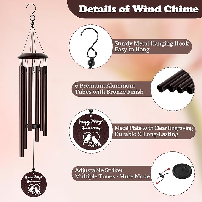 Bronze Anniversary 8 Year Gifts – Bronze Wind Chimes – 8th Anniversary Romantic Gifts for Him, Her, Men, Women, Couples
