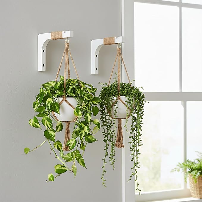 4 Pack Wooden Plant Hangers Hanging Wall Plant Hooks Farmhouse Wooden Hanging Basket Wall Hooks for Lanterns, Flower Bracket, Wind Chimes, Lamp, Bird Feeders, Patio Decor, White, 6 inch