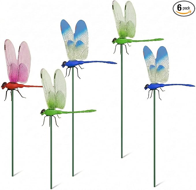 3D Realistic Dragonfly Garden Stakes, Colorful Waterproof Outdoor Decor for Yard, Lawn, Patio, Flower Bed, 6 Pack