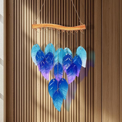 Wind Chimes Blue Glass Leaves, Garden Wind Chime for Home, Party, Festival Decor, Glass Garden Patio Yard Porch Decoration Indoor/Outside, Lifelike Leaf Style
