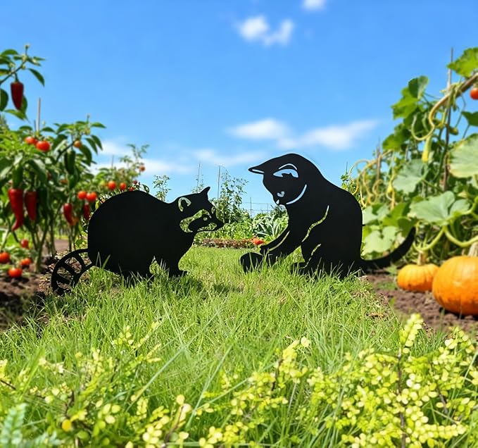 Decorative Garden Stakes for Outside,Metal Animal Silhouette Yard Art Set of 2,Cat & Raccoon Garden Decor for Garden, Lawn, Patio, Cute Outdoor Lawn Ornaments Animal Silhouette Statues