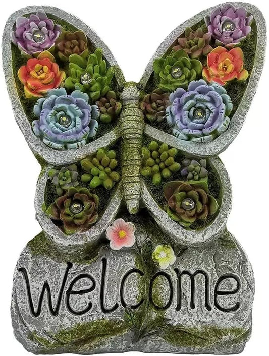 Garden Gnome Statue with Solar Lights Outdoor Statues,Patio Decor for Lawn Yard, Garden Decor Unique Birthday Housewarming Gifts for Mom Grandma Women (Butterfly Succulent Statue)